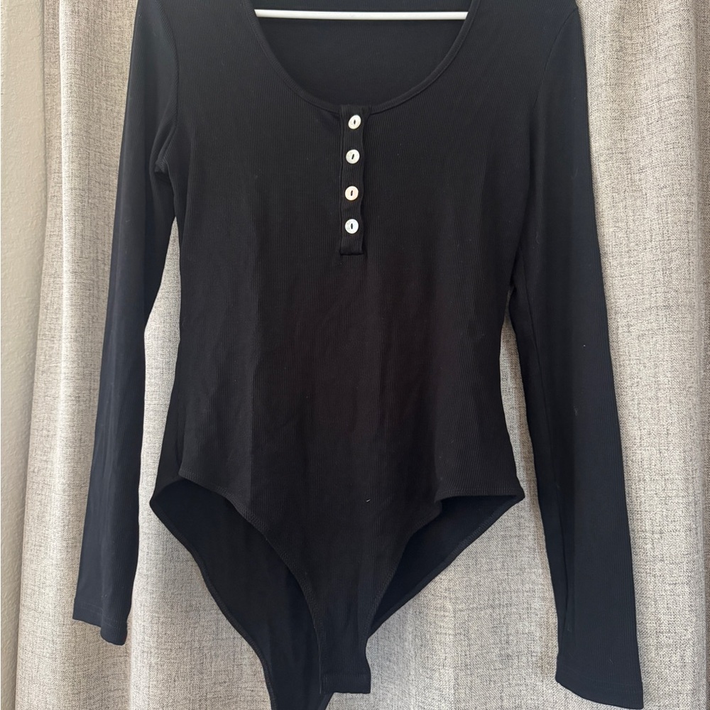 Classic Black Ribbed Long-Sleeve Henley Bodysuit